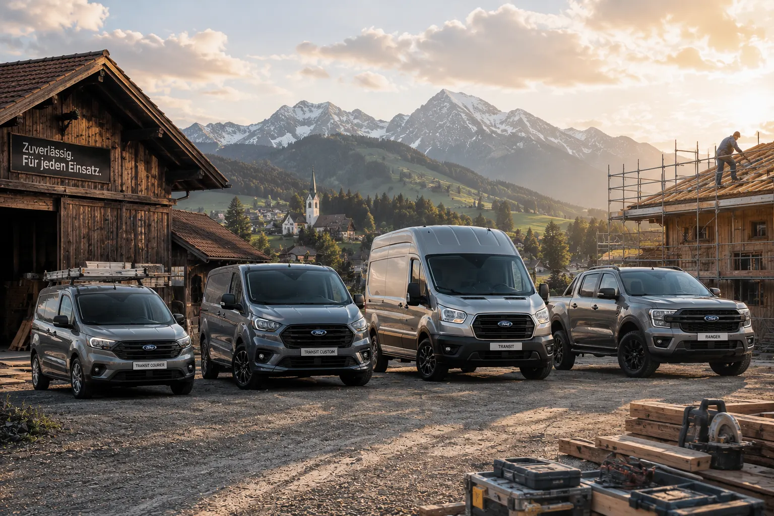 Verschiedene Ford Nutzfahrzeuge auf einer Baustelle in den Bergen